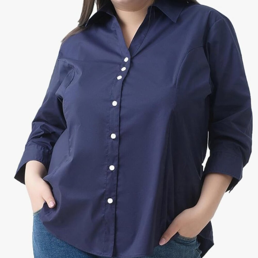 Dark Navy, 3/4 Length Sleeve, Button-Down Shirt, Size 1X